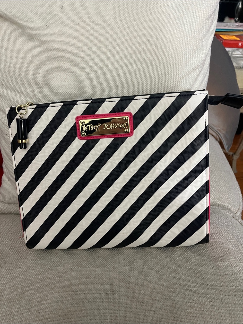 Betsey Johnson Black White Diagonal Stripe purse clutch bag NEW